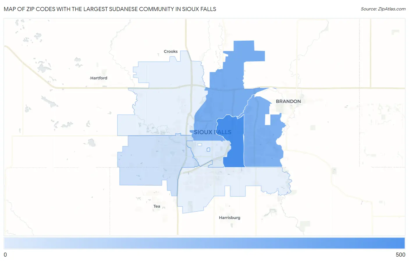 Zip Codes with the Largest Sudanese Community in Sioux Falls Map