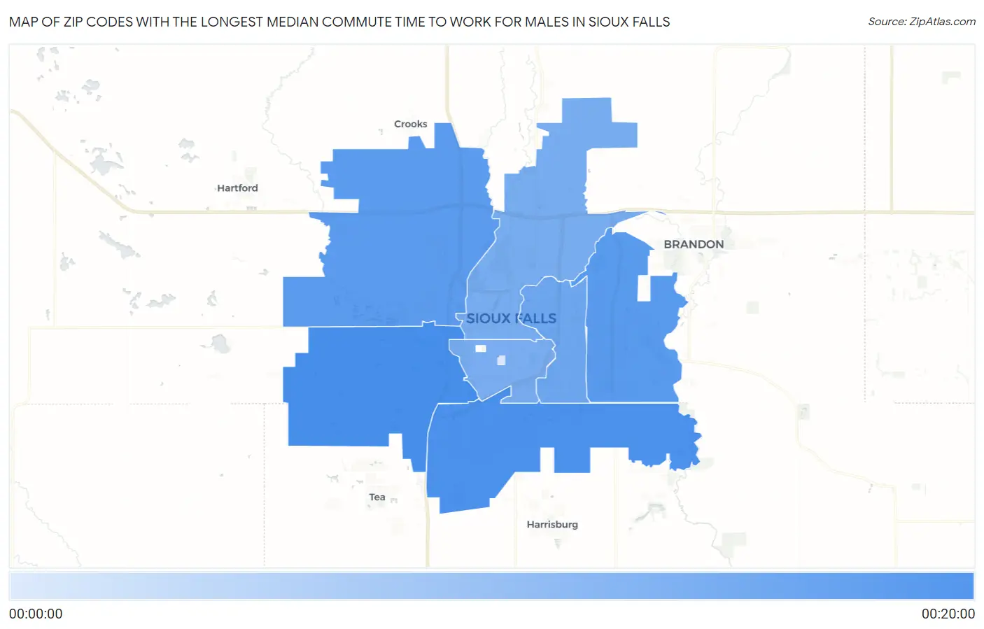 Zip Codes with the Longest Median Commute Time to Work for Males in Sioux Falls Map