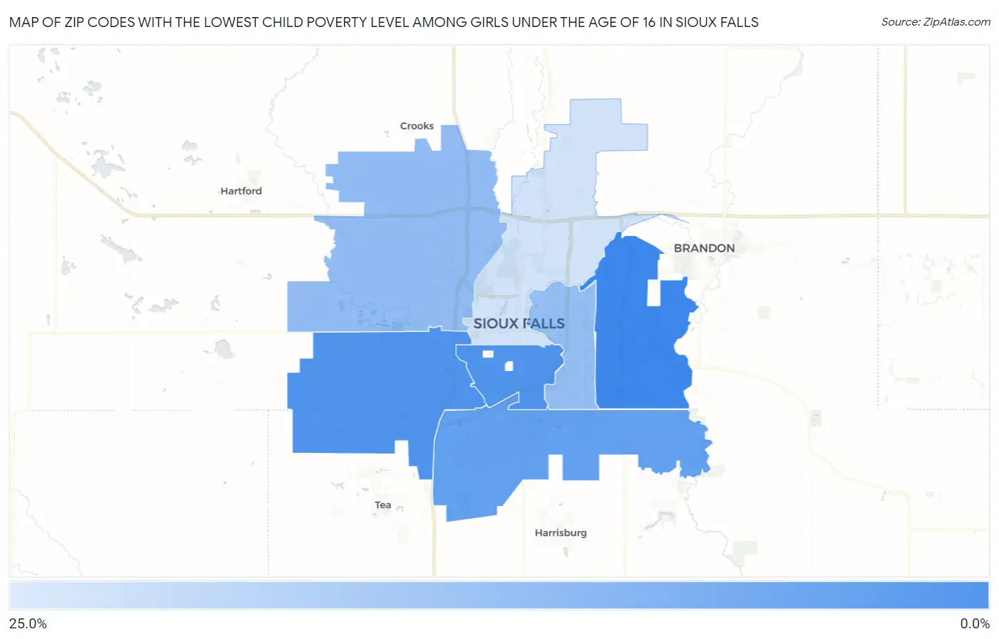 Zip Codes with the Lowest Child Poverty Level Among Girls Under the Age of 16 in Sioux Falls Map