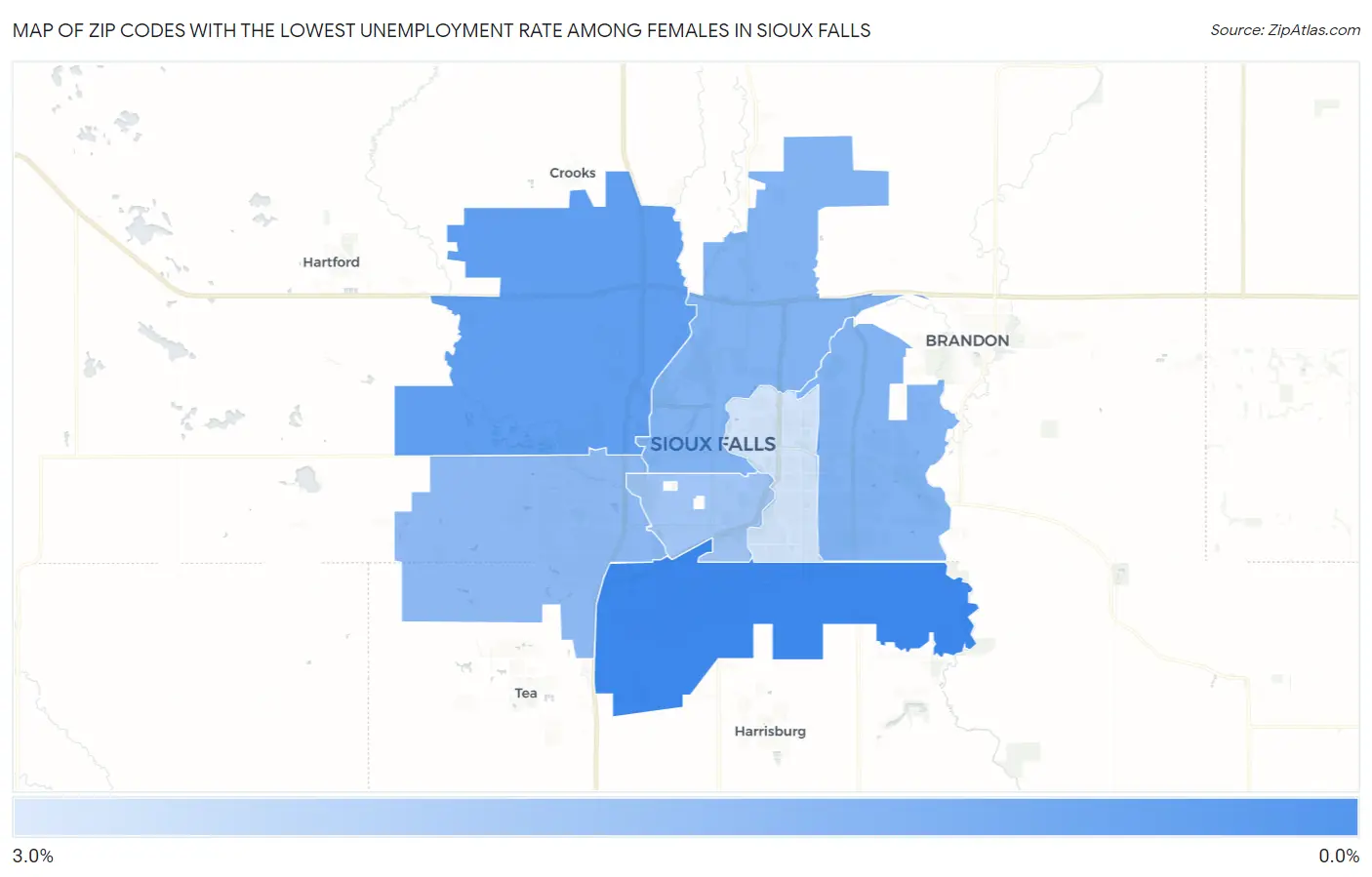 Zip Codes with the Lowest Unemployment Rate Among Females in Sioux Falls Map