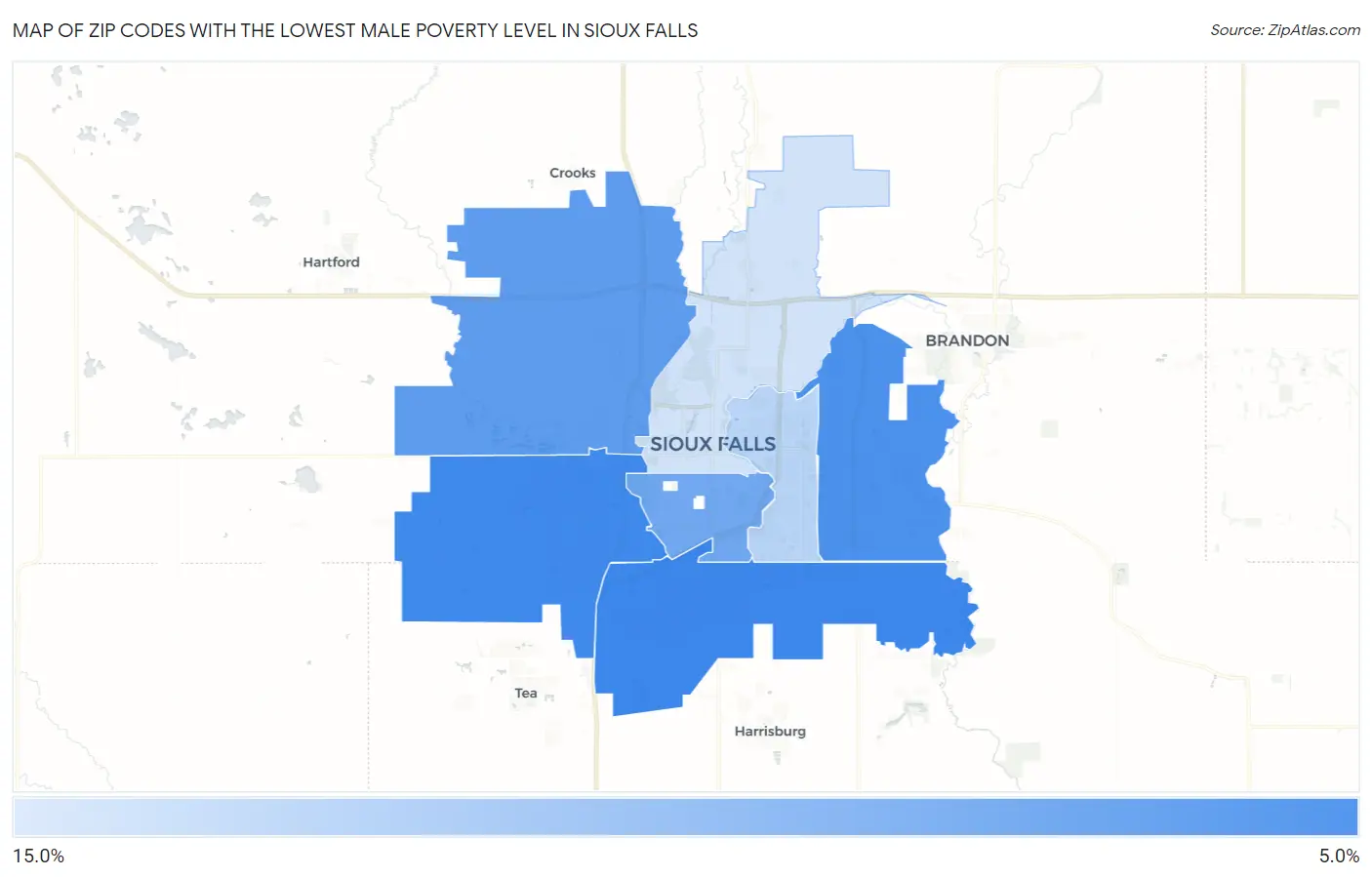 Zip Codes with the Lowest Male Poverty Level in Sioux Falls Map