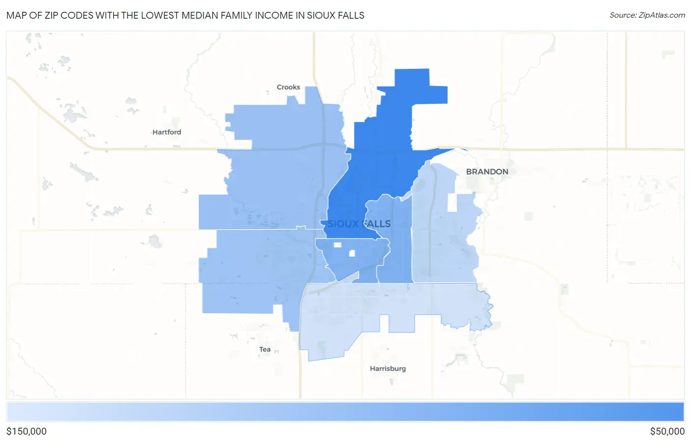 Zip Codes with the Lowest Median Family Income in Sioux Falls Map