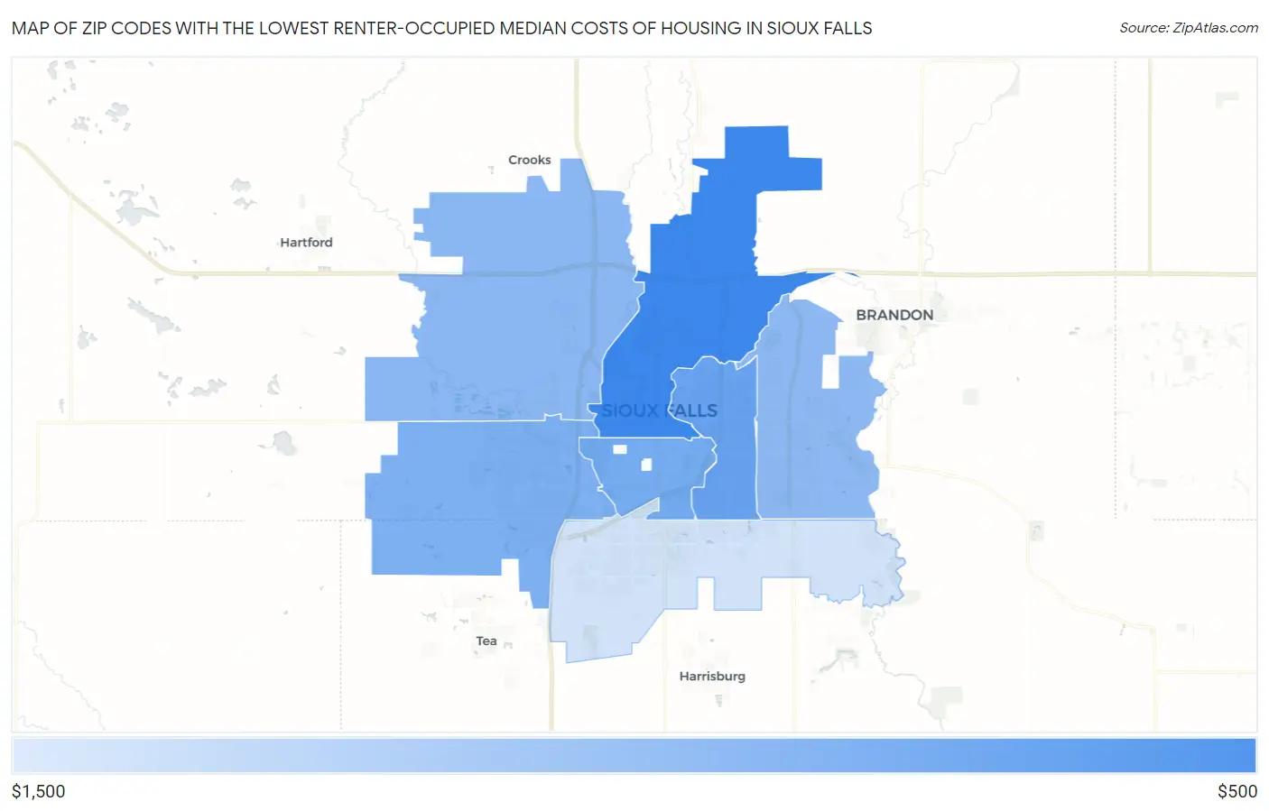 Zip Codes with the Lowest Renter-Occupied Median Costs of Housing in Sioux Falls Map