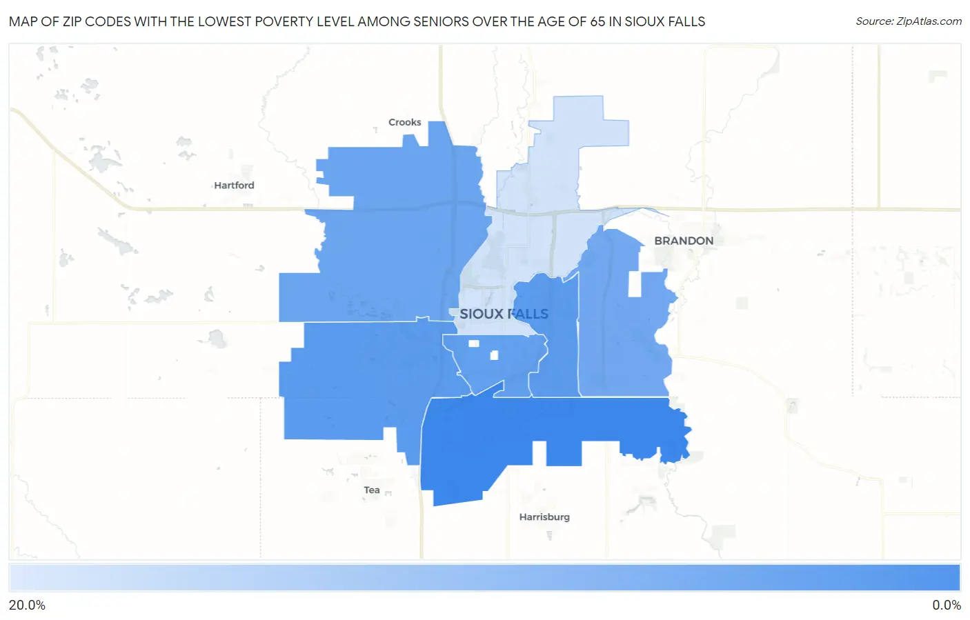 Zip Codes with the Lowest Poverty Level Among Seniors Over the Age of 65 in Sioux Falls Map