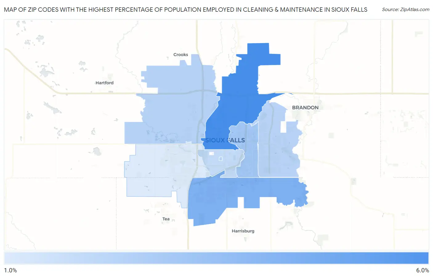 Zip Codes with the Highest Percentage of Population Employed in Cleaning & Maintenance in Sioux Falls Map