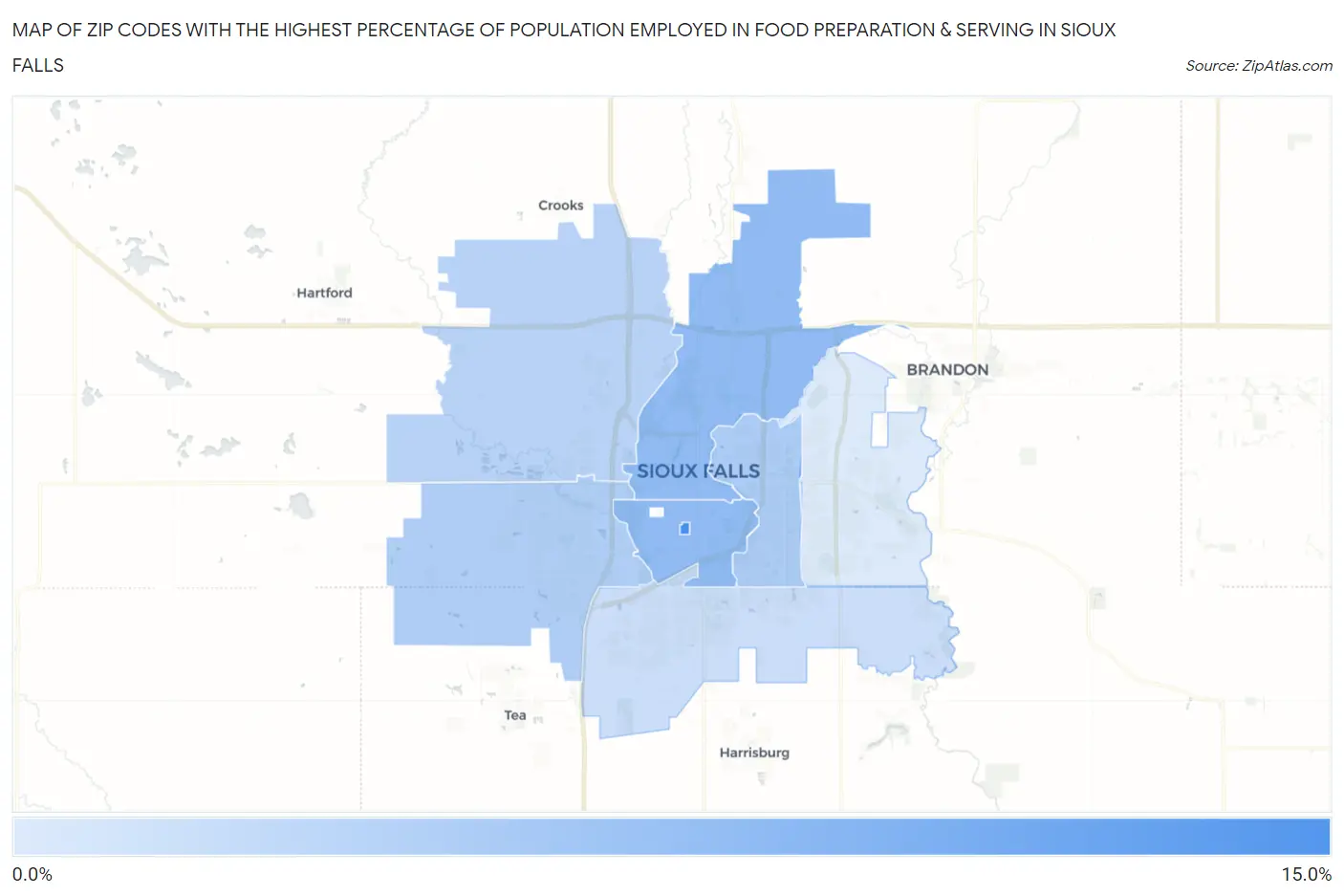 Zip Codes with the Highest Percentage of Population Employed in Food Preparation & Serving in Sioux Falls Map
