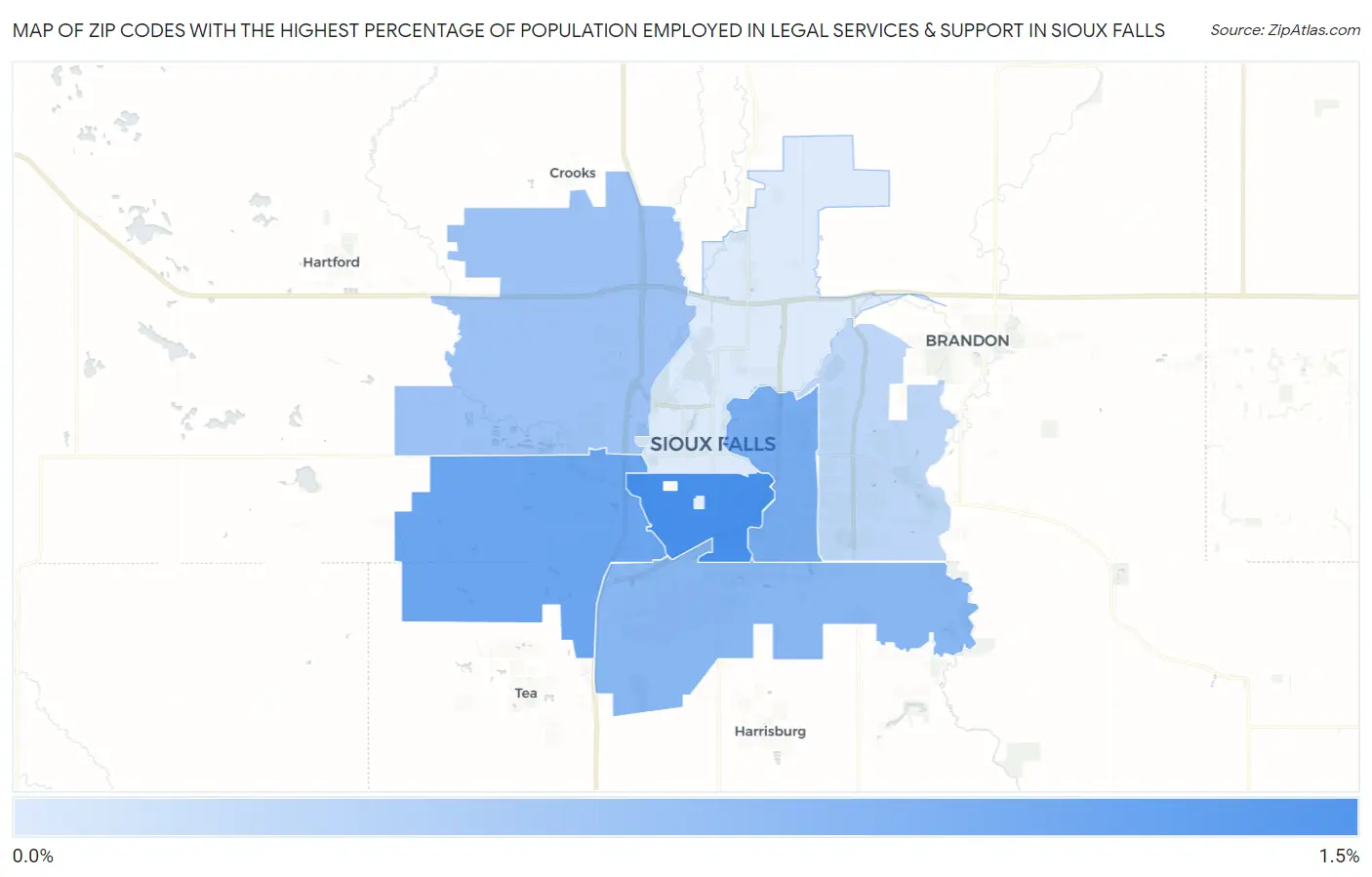 Zip Codes with the Highest Percentage of Population Employed in Legal Services & Support in Sioux Falls Map