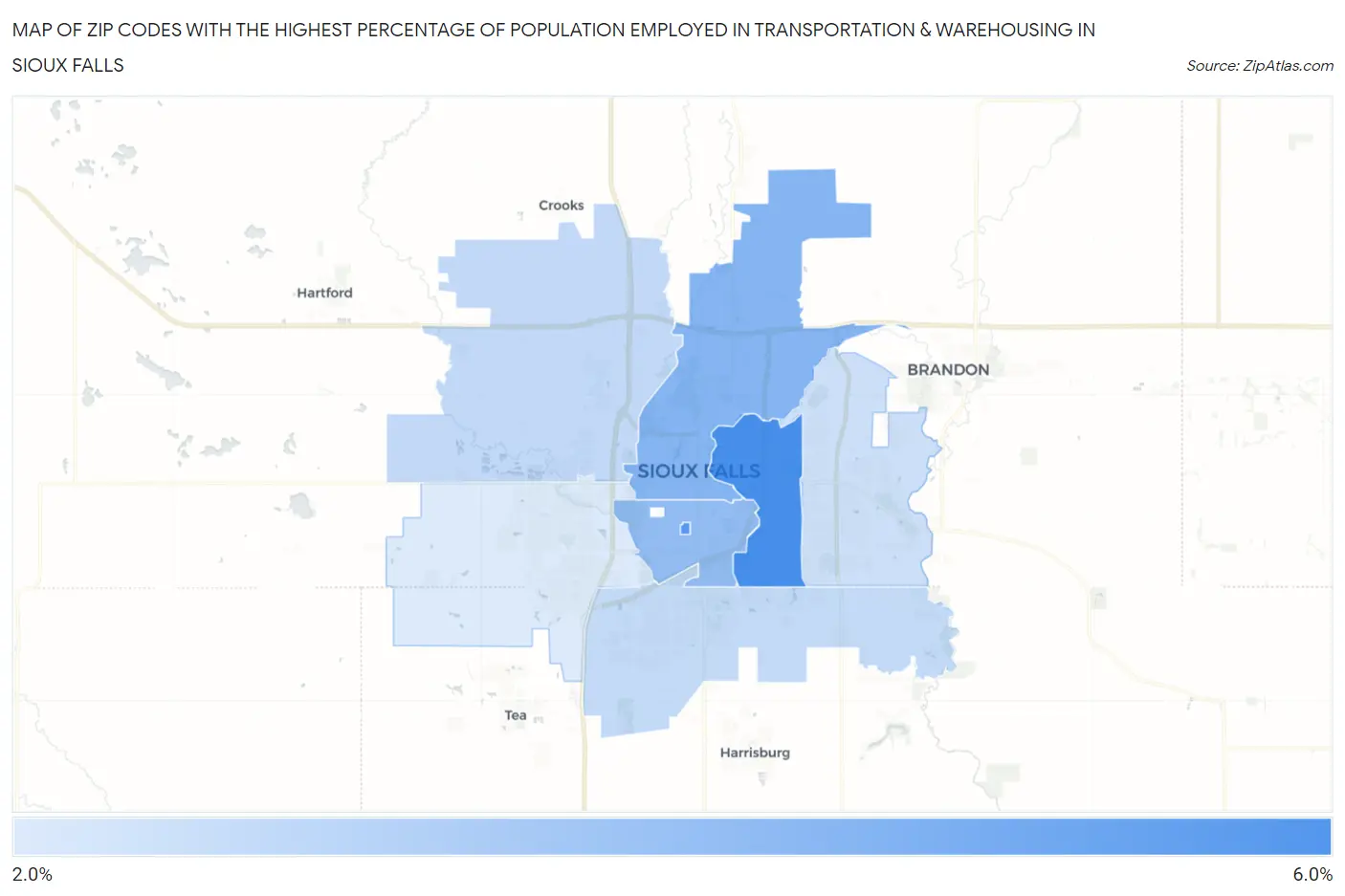 Zip Codes with the Highest Percentage of Population Employed in Transportation & Warehousing in Sioux Falls Map