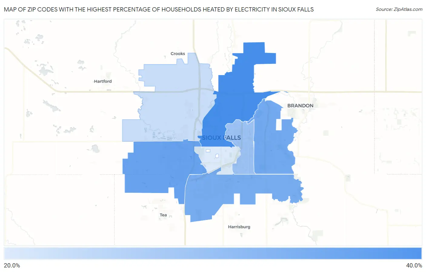 Zip Codes with the Highest Percentage of Households Heated by Electricity in Sioux Falls Map