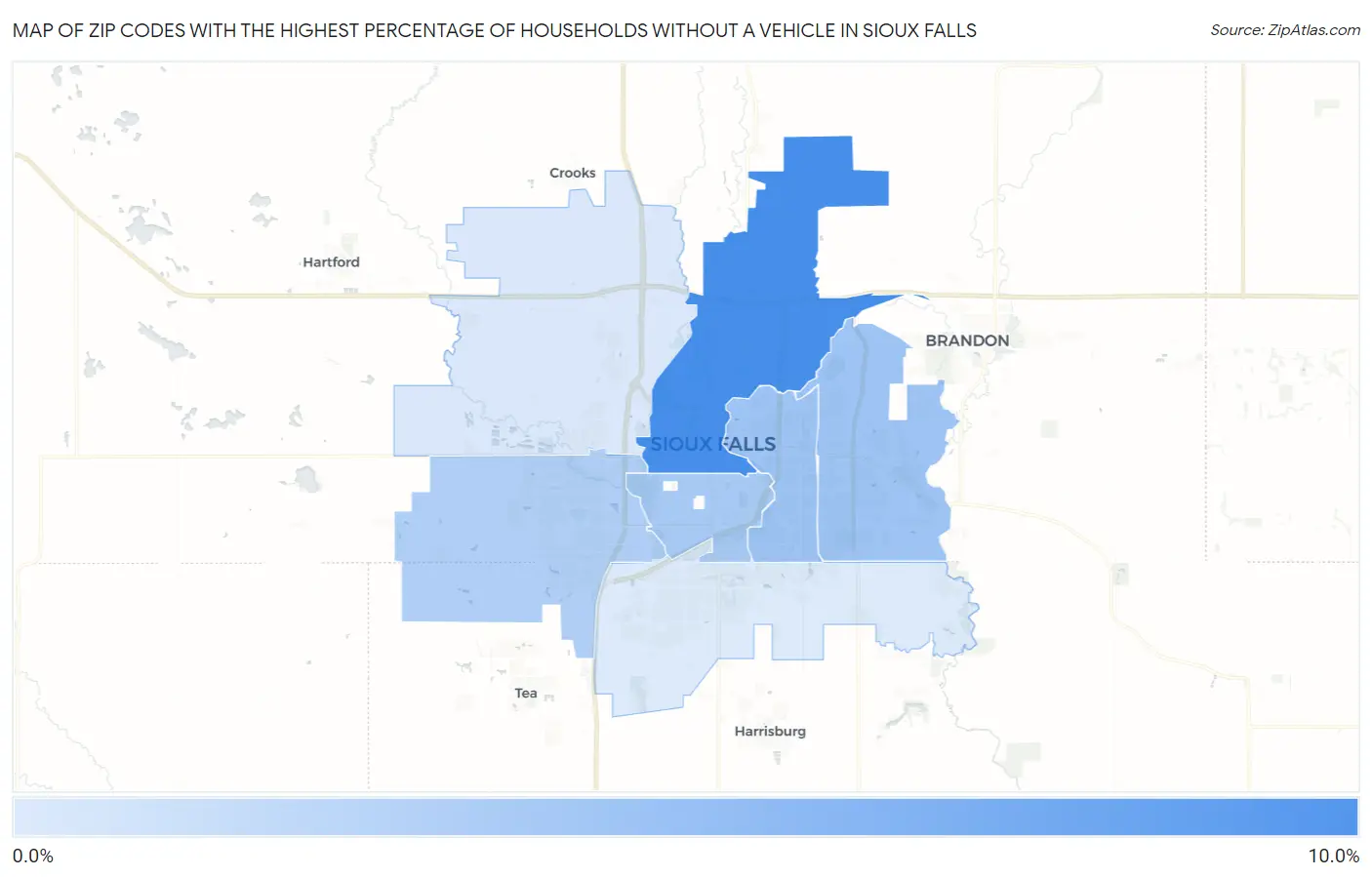 Zip Codes with the Highest Percentage of Households Without a Vehicle in Sioux Falls Map