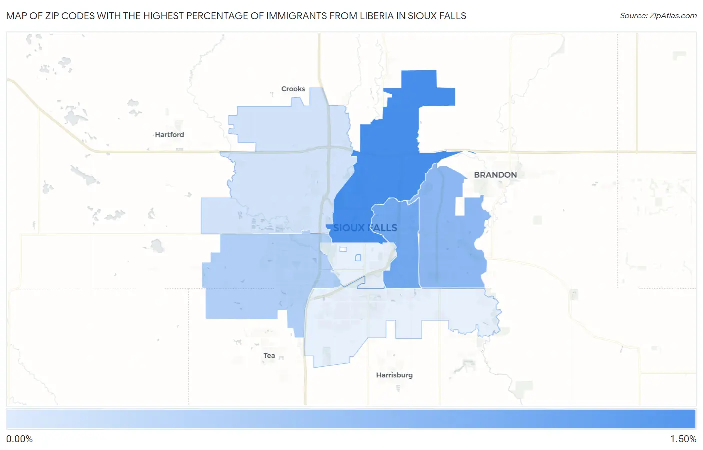 Zip Codes with the Highest Percentage of Immigrants from Liberia in Sioux Falls Map