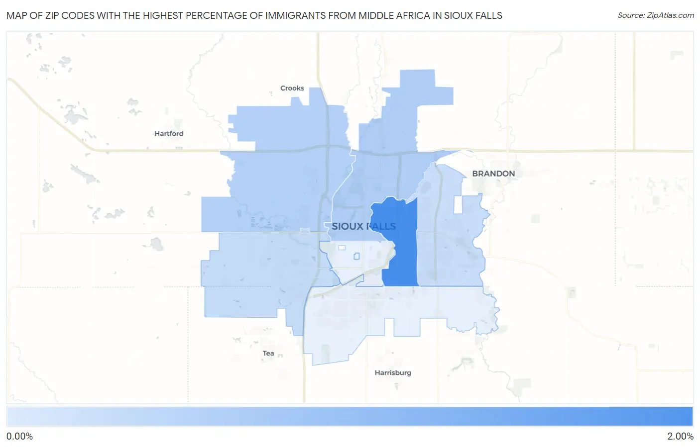 Zip Codes with the Highest Percentage of Immigrants from Middle Africa in Sioux Falls Map