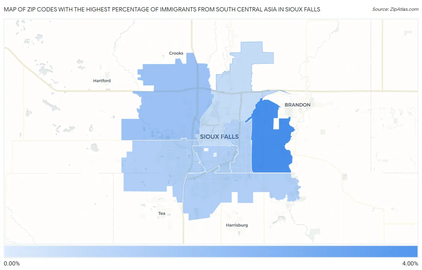 Zip Codes with the Highest Percentage of Immigrants from South Central Asia in Sioux Falls Map
