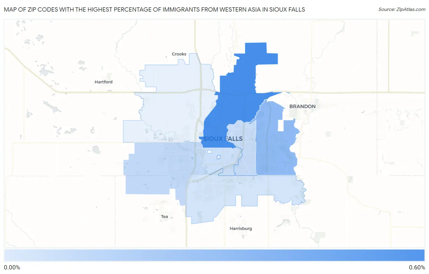 Zip Codes with the Highest Percentage of Immigrants from Western Asia in Sioux Falls Map