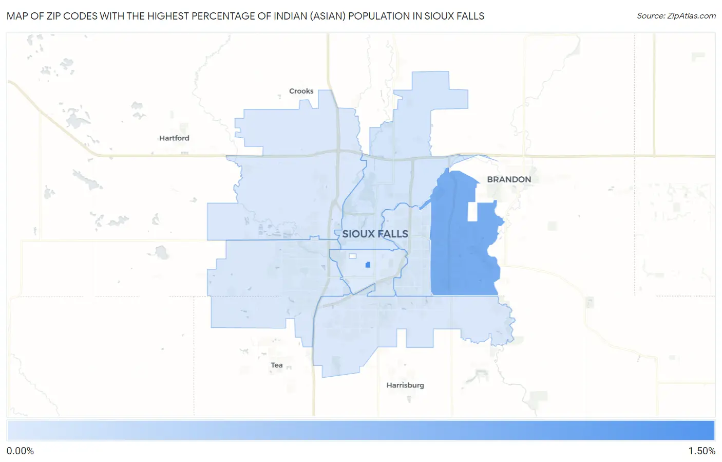 Zip Codes with the Highest Percentage of Indian (Asian) Population in Sioux Falls Map