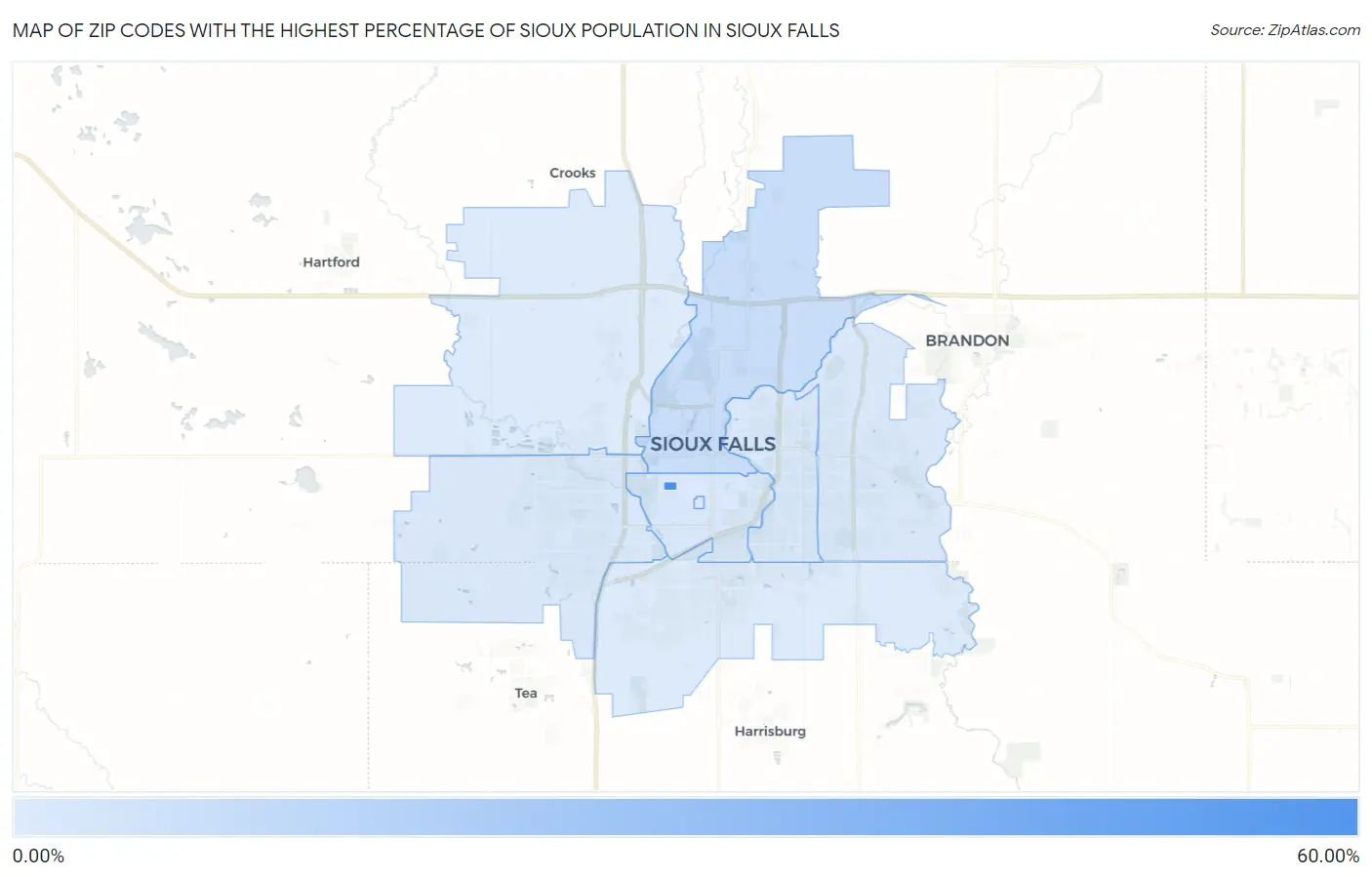 Zip Codes with the Highest Percentage of Sioux Population in Sioux Falls Map