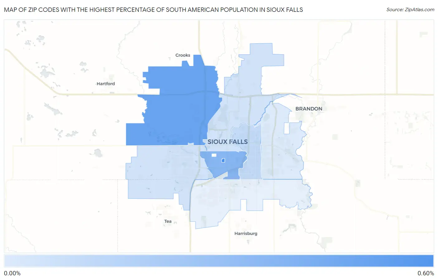 Zip Codes with the Highest Percentage of South American Population in Sioux Falls Map