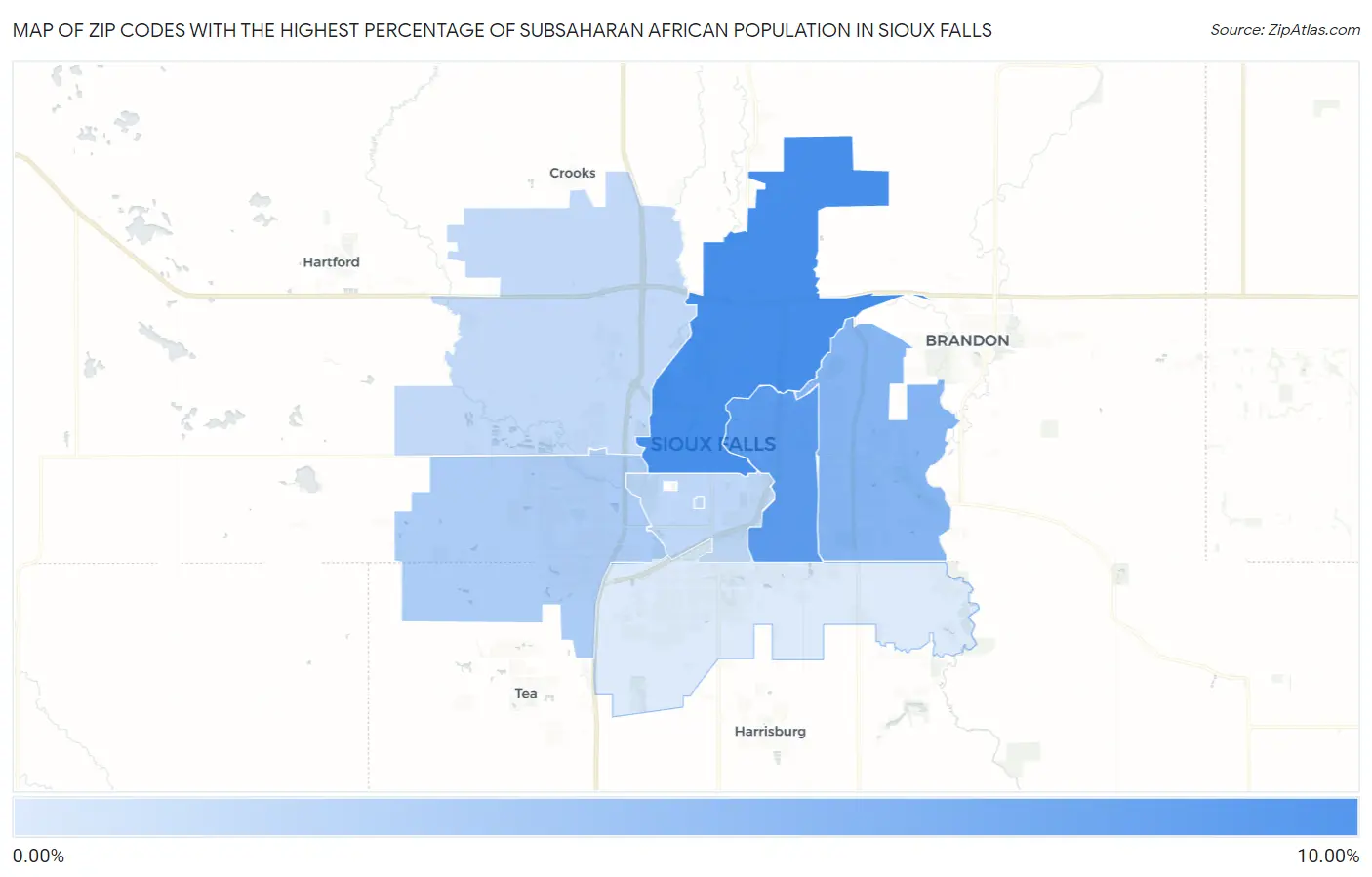 Zip Codes with the Highest Percentage of Subsaharan African Population in Sioux Falls Map
