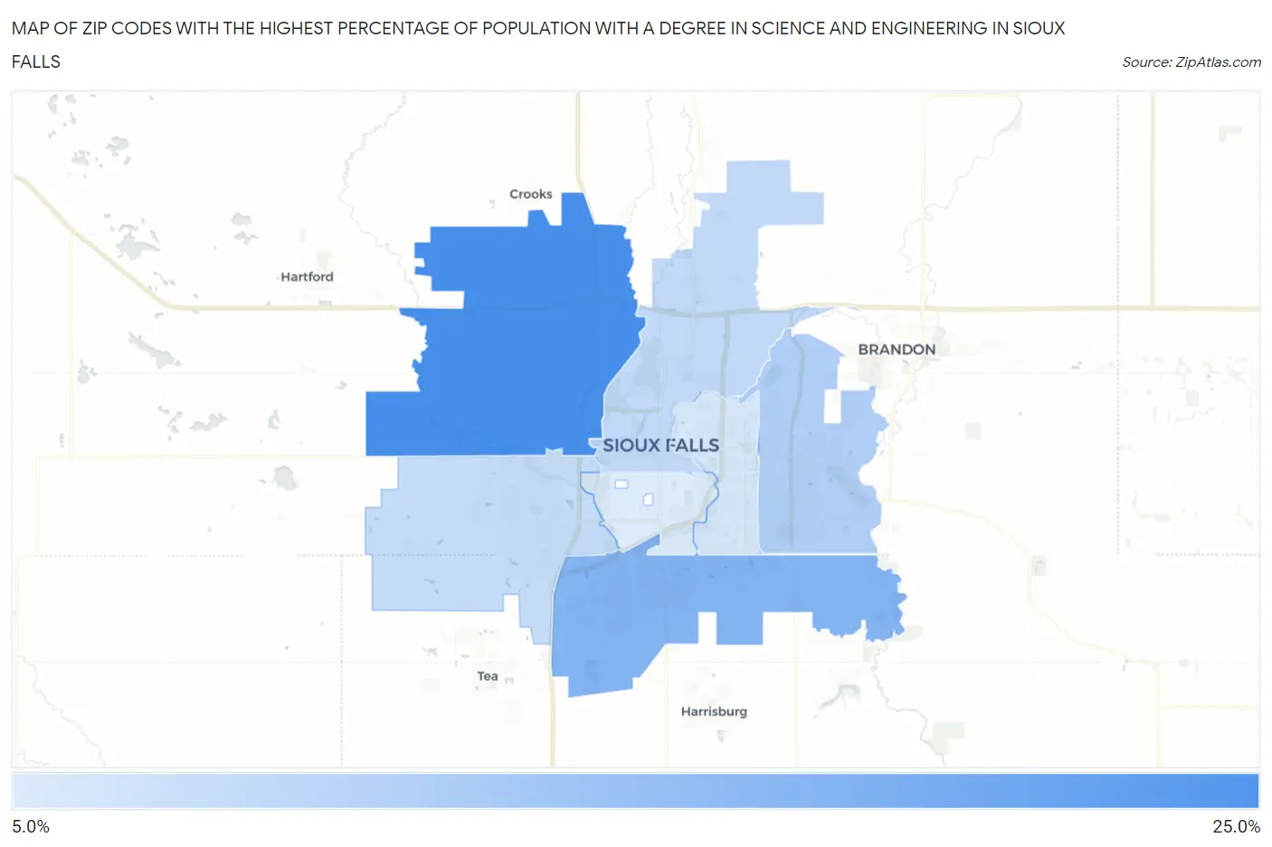 Zip Codes with the Highest Percentage of Population with a Degree in Science and Engineering in Sioux Falls Map