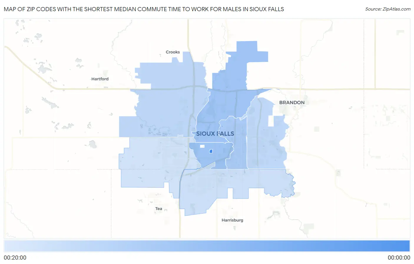 Zip Codes with the Shortest Median Commute Time to Work for Males in Sioux Falls Map