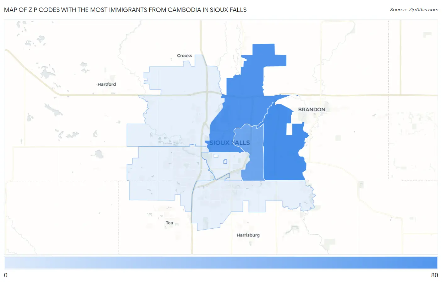 Zip Codes with the Most Immigrants from Cambodia in Sioux Falls Map