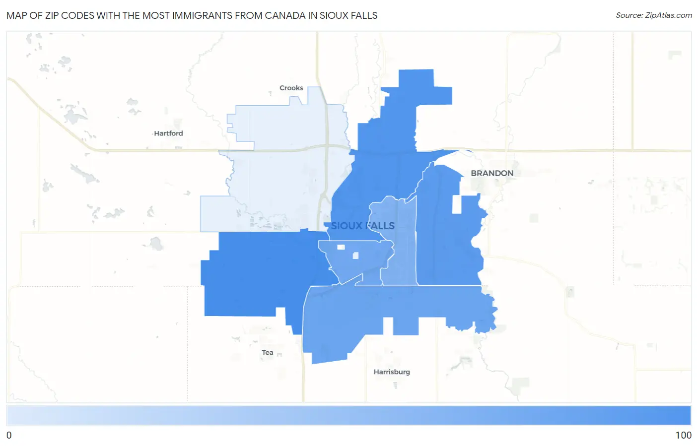 Zip Codes with the Most Immigrants from Canada in Sioux Falls Map