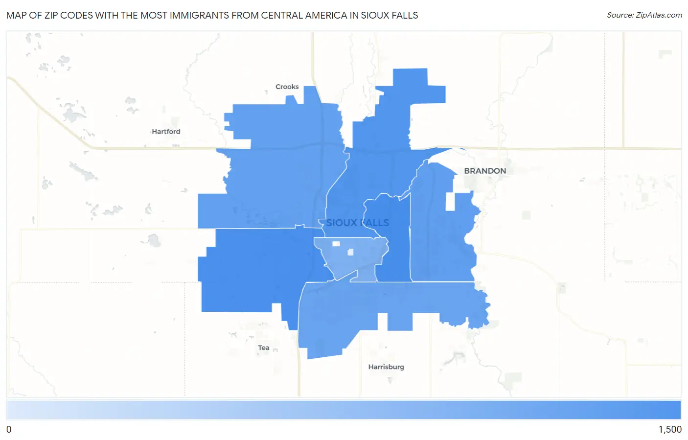 Zip Codes with the Most Immigrants from Central America in Sioux Falls Map