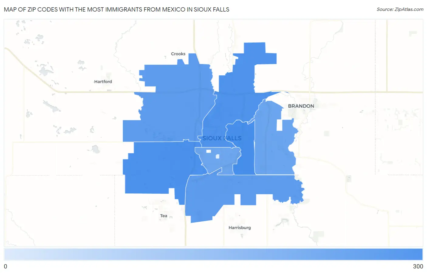Zip Codes with the Most Immigrants from Mexico in Sioux Falls Map