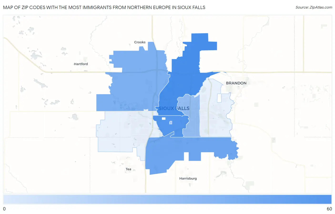 Zip Codes with the Most Immigrants from Northern Europe in Sioux Falls Map