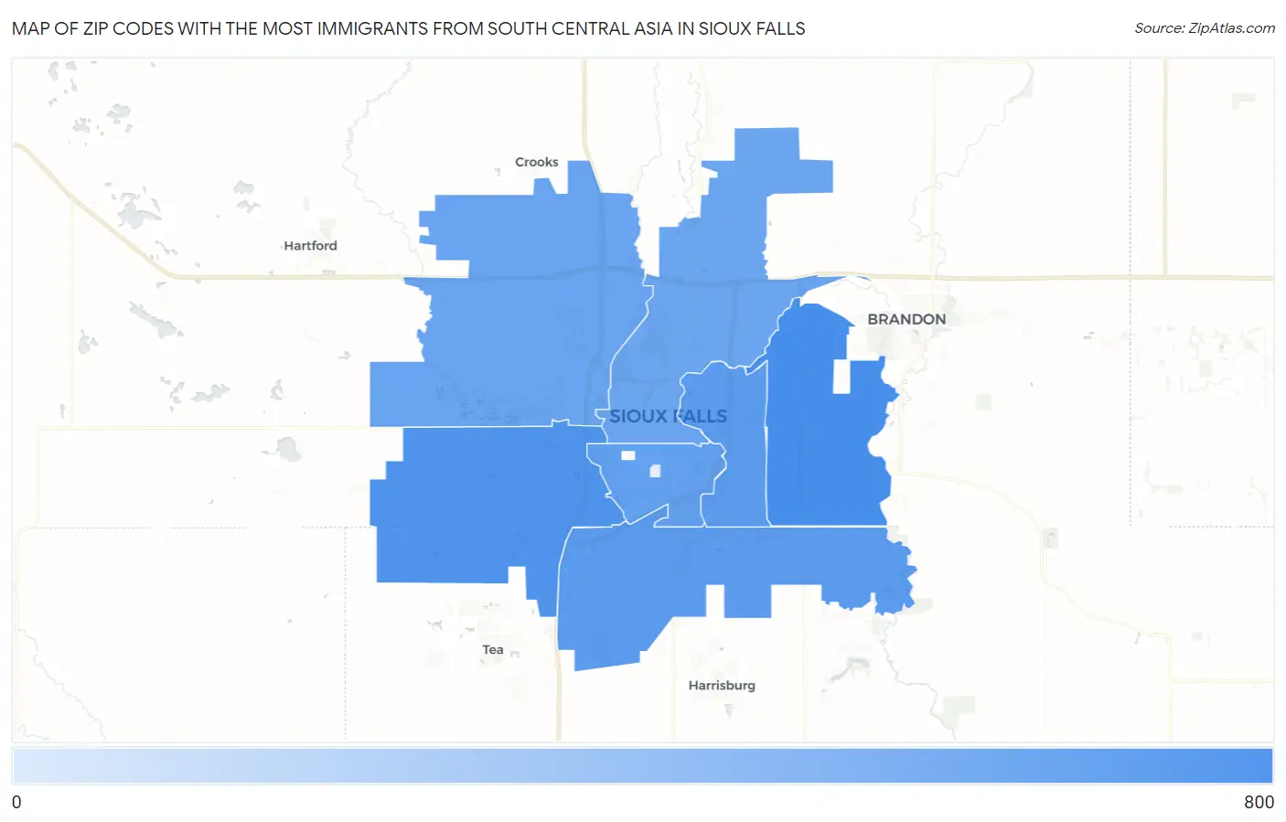 Zip Codes with the Most Immigrants from South Central Asia in Sioux Falls Map