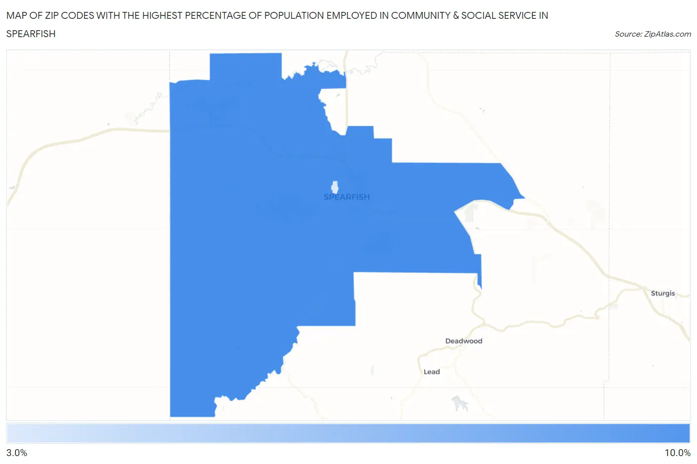 Zip Codes with the Highest Percentage of Population Employed in Community & Social Service  in Spearfish Map