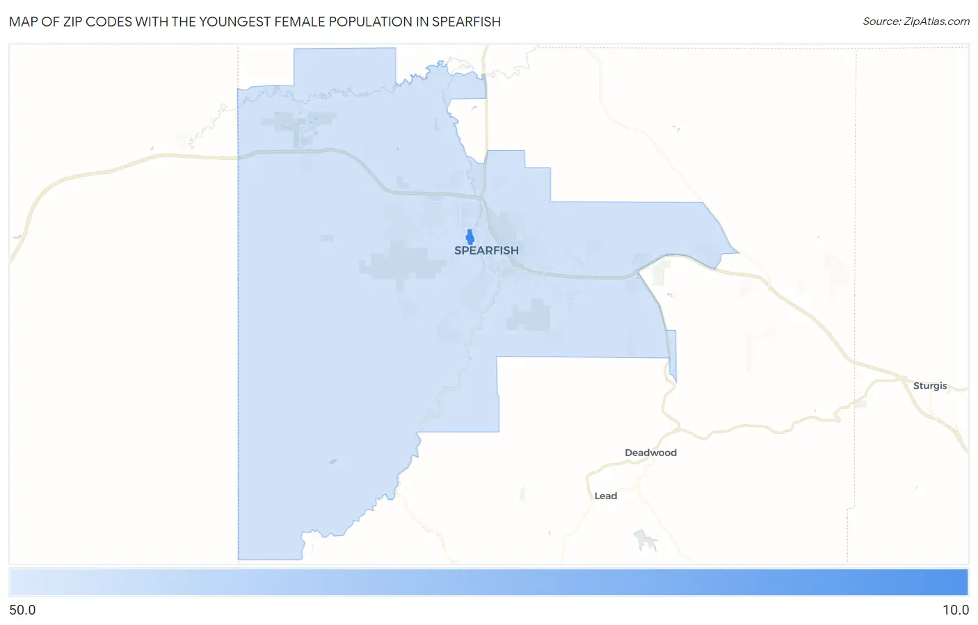 Zip Codes with the Youngest Female Population in Spearfish Map