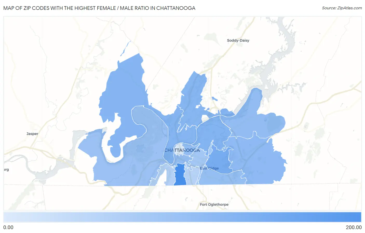 Zip Codes with the Highest Female / Male Ratio in Chattanooga Map