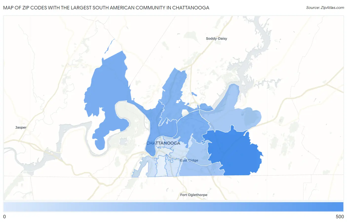 Zip Codes with the Largest South American Community in Chattanooga Map