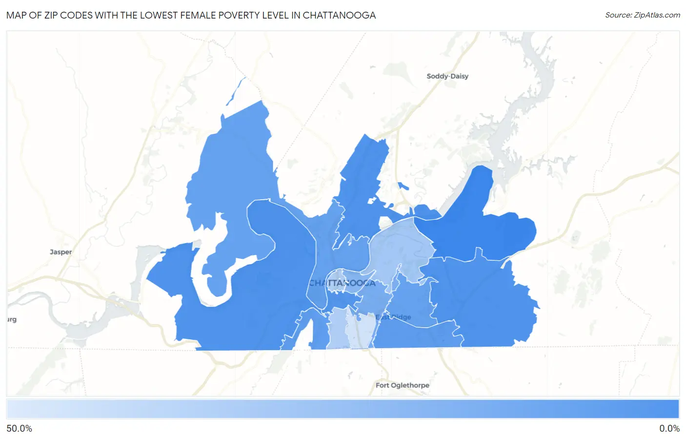 Zip Codes with the Lowest Female Poverty Level in Chattanooga Map