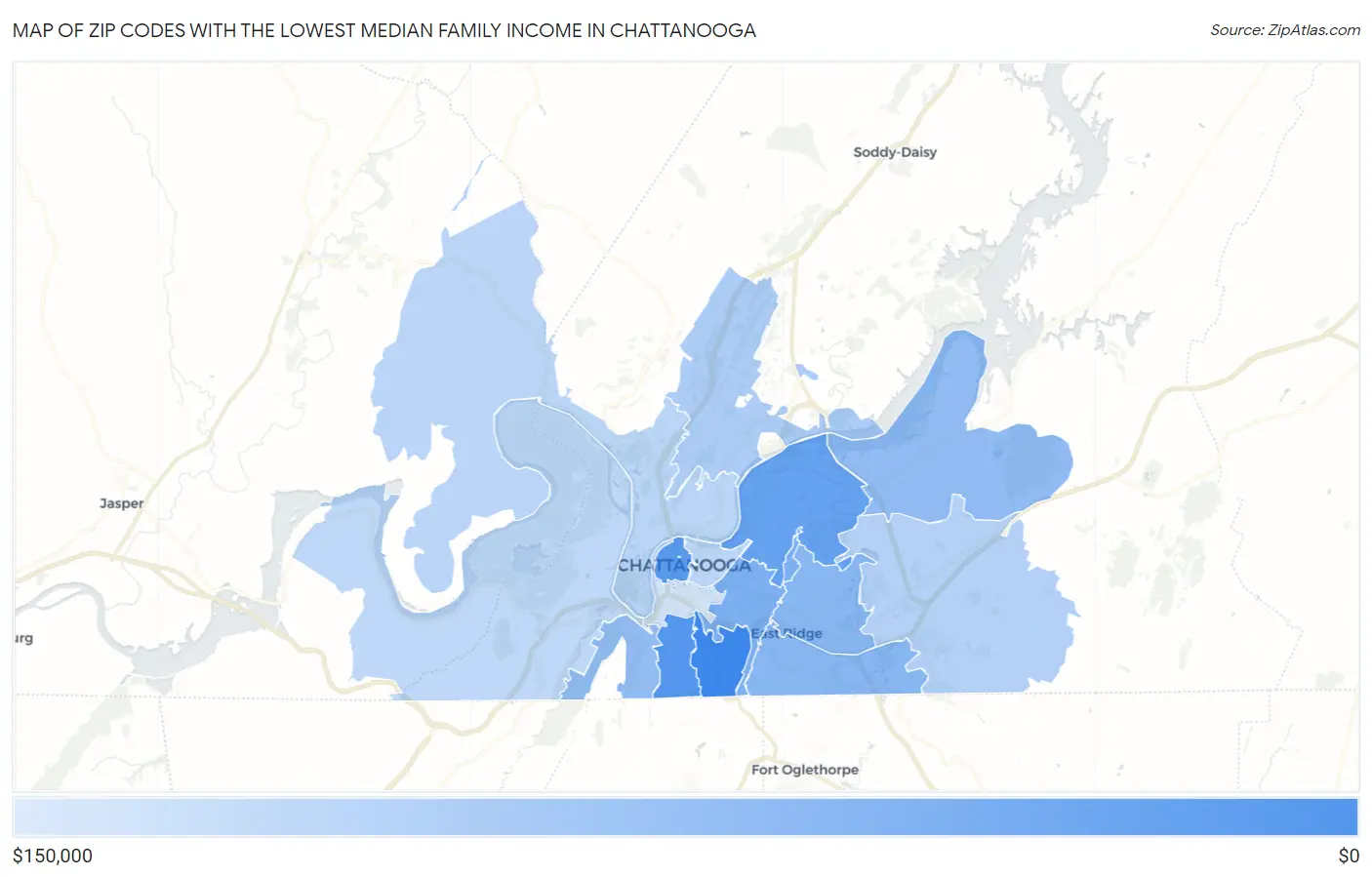 Zip Codes with the Lowest Median Family Income in Chattanooga Map