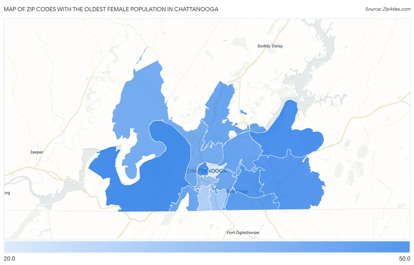 Zip Codes with the Oldest Female Population in Chattanooga Map