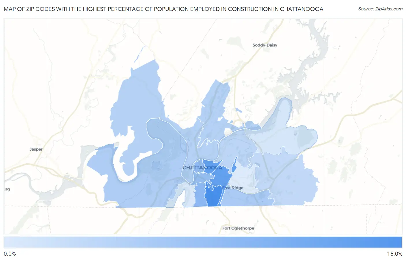 Zip Codes with the Highest Percentage of Population Employed in Construction in Chattanooga Map