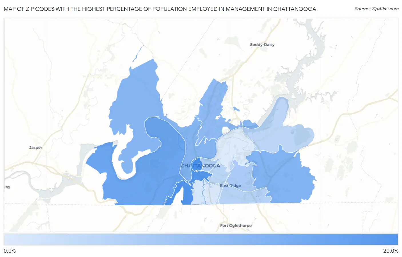 Zip Codes with the Highest Percentage of Population Employed in Management in Chattanooga Map