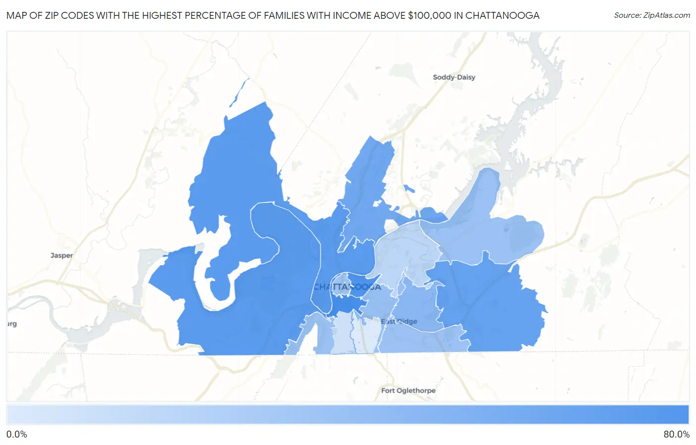 Zip Codes with the Highest Percentage of Families with Income Above $100,000 in Chattanooga Map