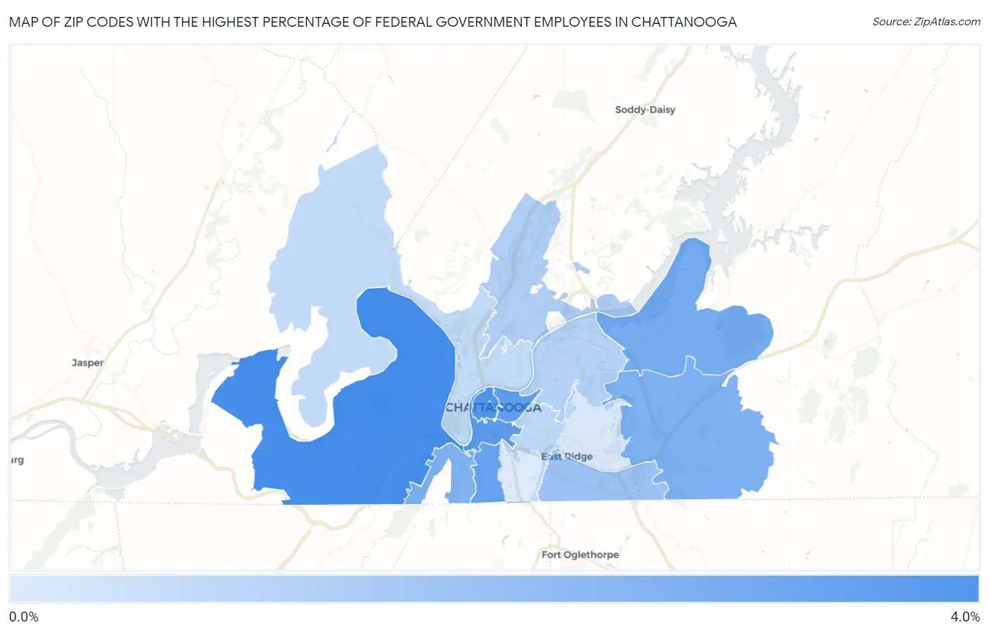 Zip Codes with the Highest Percentage of Federal Government Employees in Chattanooga Map