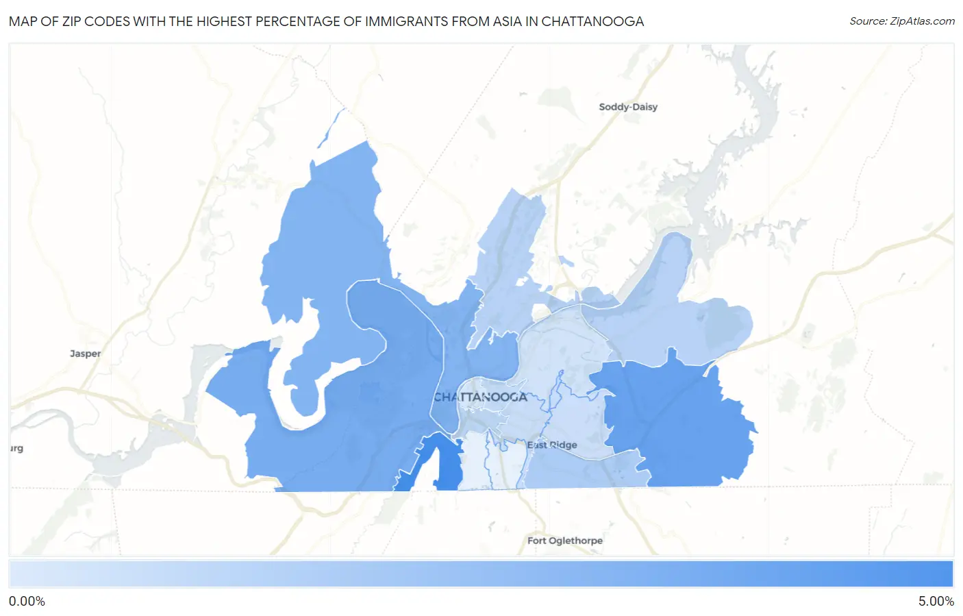 Zip Codes with the Highest Percentage of Immigrants from Asia in Chattanooga Map