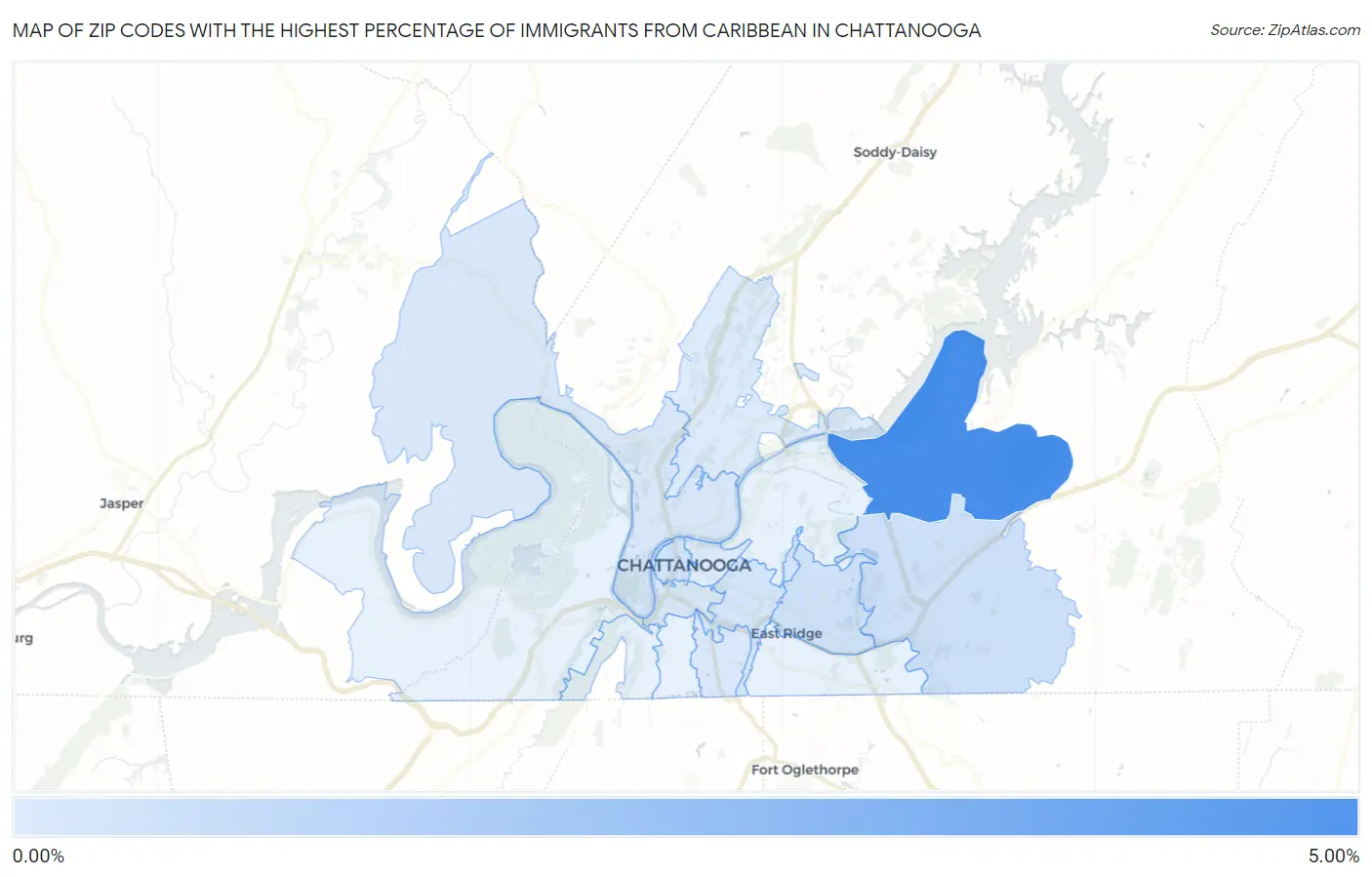 Zip Codes with the Highest Percentage of Immigrants from Caribbean in Chattanooga Map