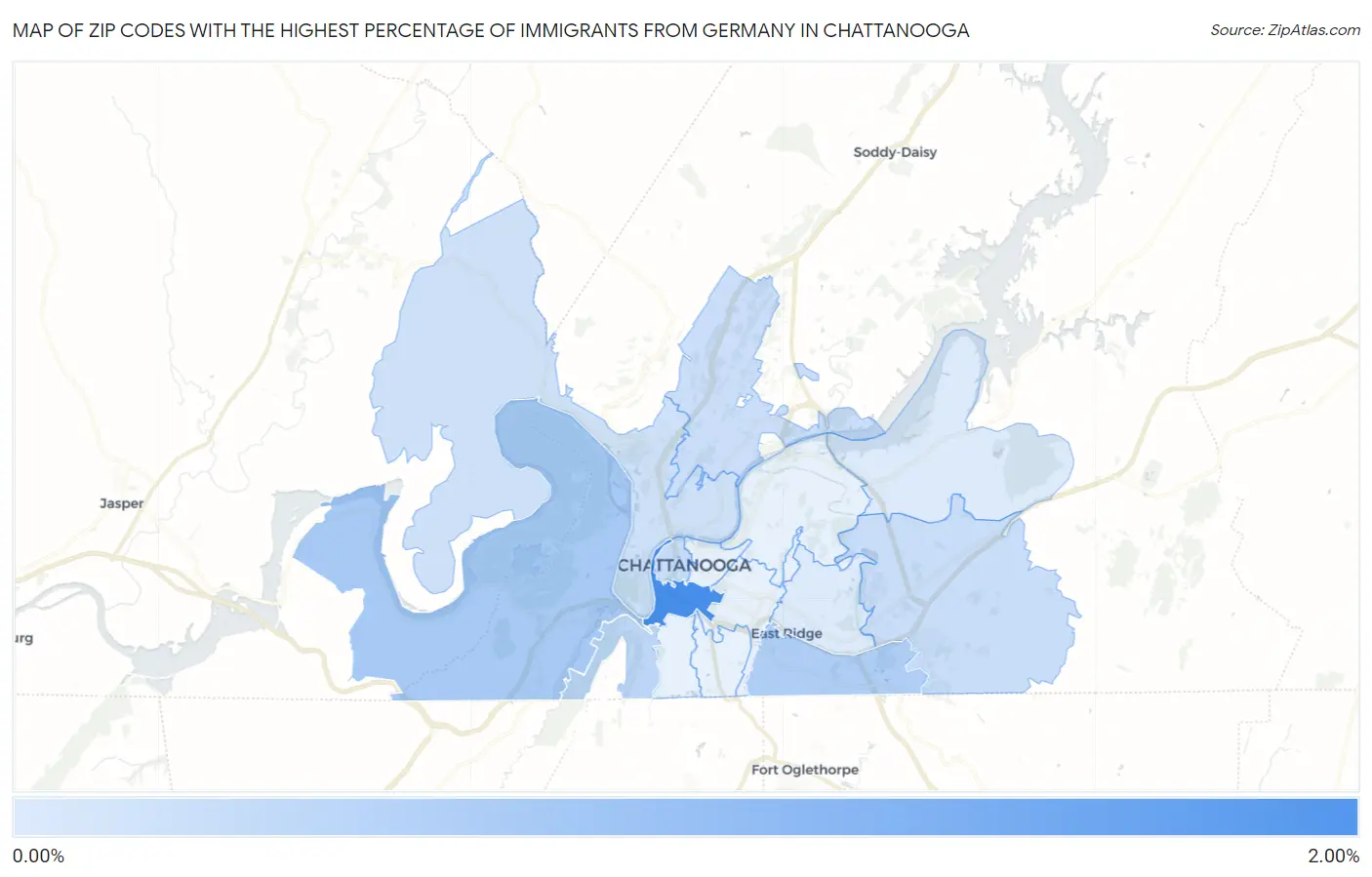 Zip Codes with the Highest Percentage of Immigrants from Germany in Chattanooga Map
