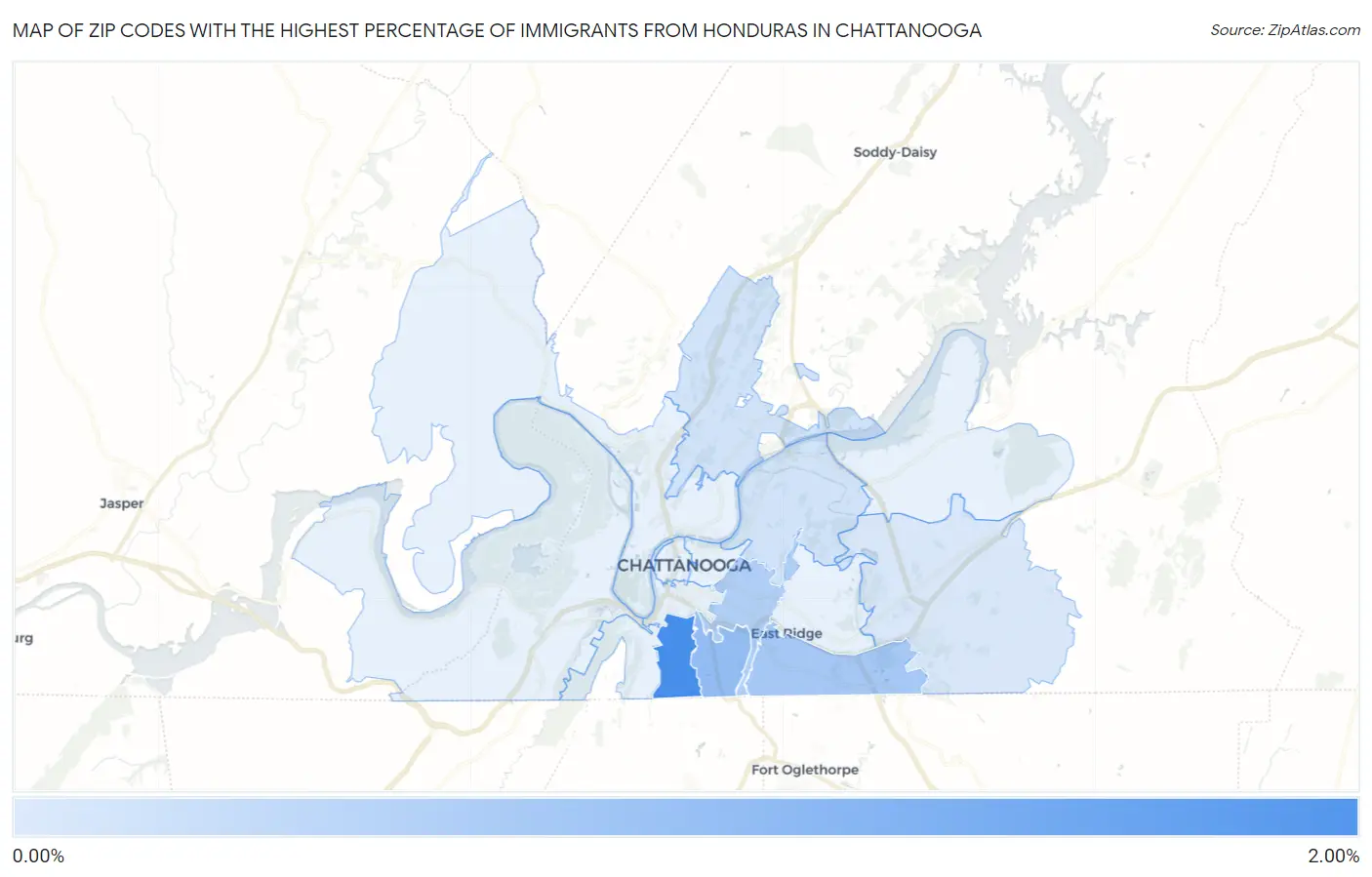 Zip Codes with the Highest Percentage of Immigrants from Honduras in Chattanooga Map