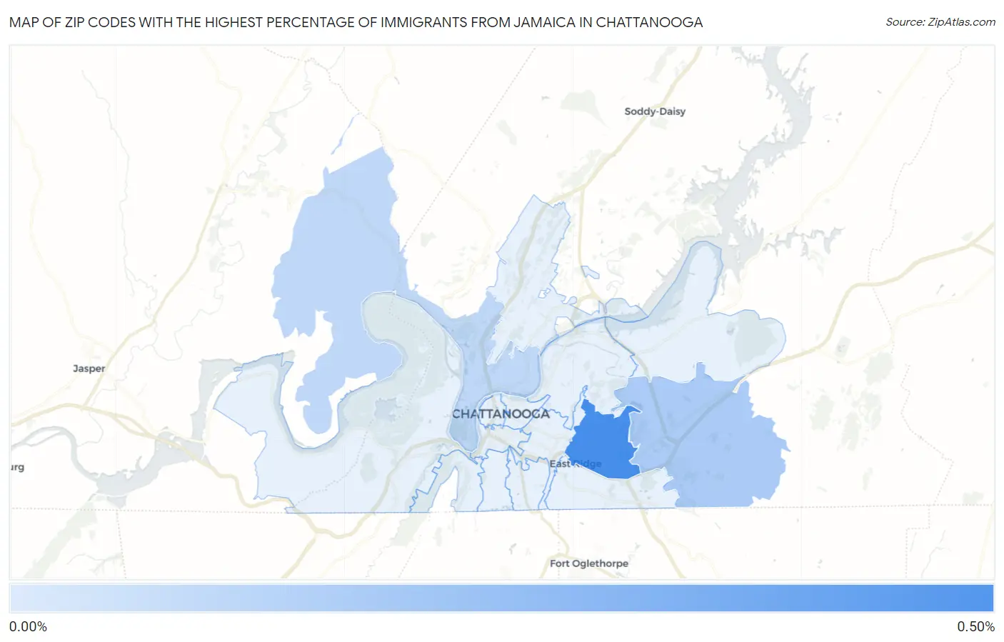 Zip Codes with the Highest Percentage of Immigrants from Jamaica in Chattanooga Map