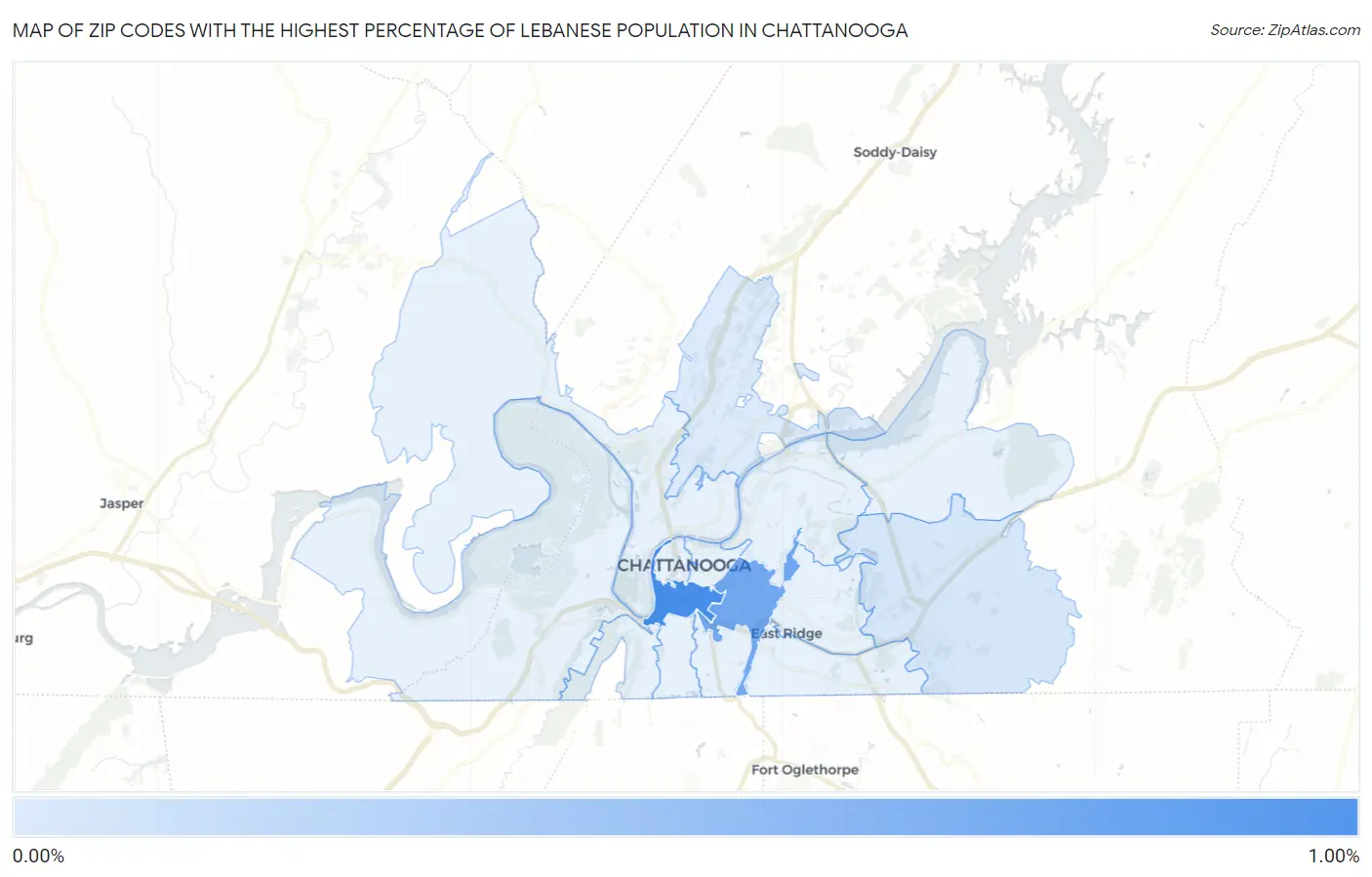 Zip Codes with the Highest Percentage of Lebanese Population in Chattanooga Map