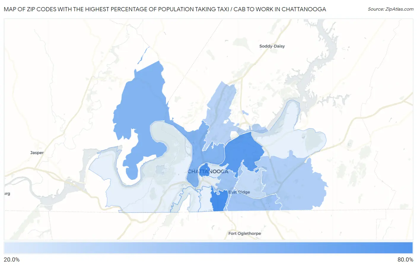 Zip Codes with the Highest Percentage of Population Taking Taxi / Cab to Work in Chattanooga Map