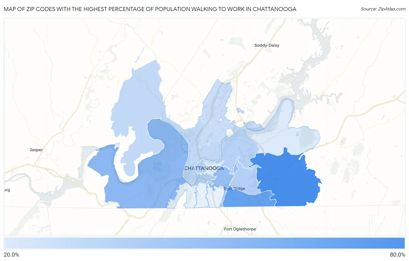 Zip Codes with the Highest Percentage of Population Walking to Work in Chattanooga Map