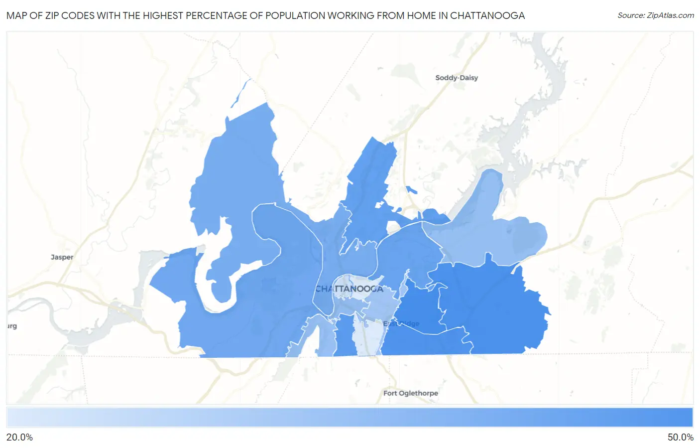 Zip Codes with the Highest Percentage of Population Working from Home in Chattanooga Map